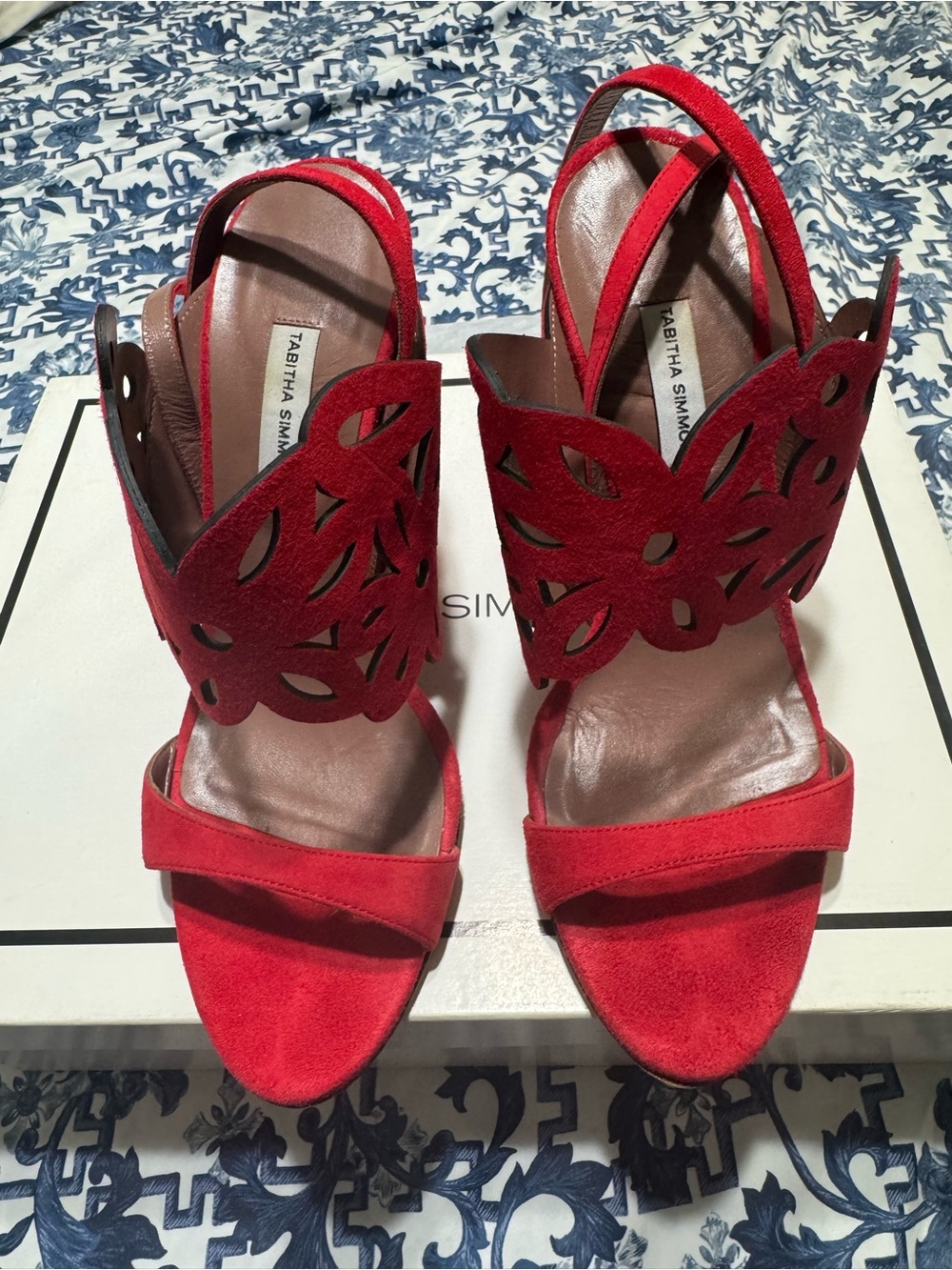 Tabitha Simmons Red Suede Floral Cutout Slingback Heels